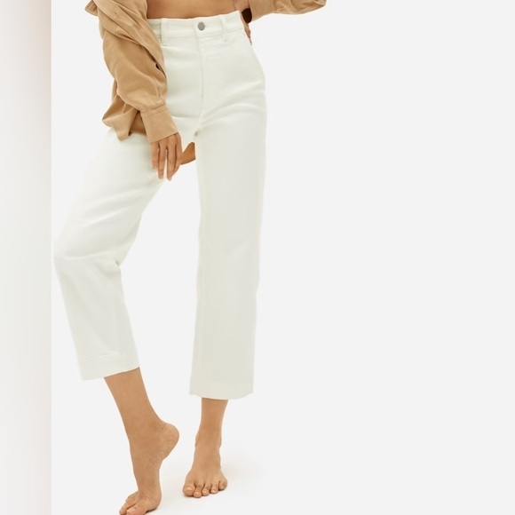 Everlane Straight Leg Crop Pants Bone Off-White Size 00 High Rise Cotton Twill - Picture 1 of 11